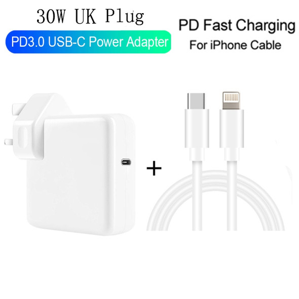 2 in 1 PD3.0 30W USB-C / Type-C Travel Charger with Detachable Foot + PD3.0 3A USB-C / Type-C to 8 Pin Fast Charge Data Cable Set, Cable Length: 2m, UK Plug