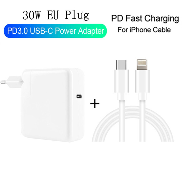 2 in 1 PD3.0 30W USB-C / Type-C Travel Charger with Detachable Foot + PD3.0 3A USB-C / Type-C to 8 Pin Fast Charge Data Cable Set, Cable Length: 2m, EU Plug