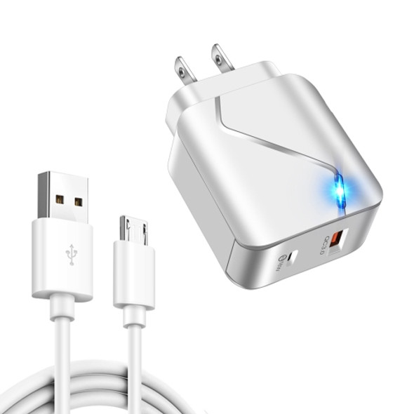 LZ-819A+C 18W QC3.0 USB + PD USB-C / Type-C Interface Travel Charger with Indicator Light + USB to Micro USB Fast Charging Data Cable Set, US Plug(White)