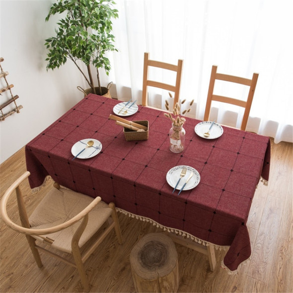 Square Lattice Embroidered Tablecloth Pure Color Cotton Linen Tassel Rectangular Coffee Table Mat, Size:140x220cm(Red)