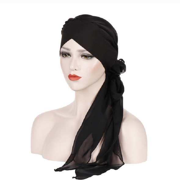 2 PCS Ladies Forehead Cross Chiffon Long Tail Cap Turban Hat, Size:One Size(Black)