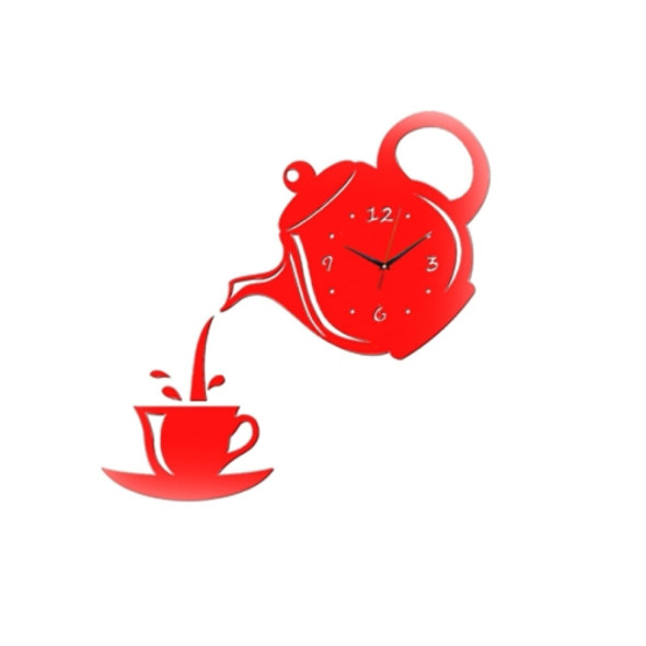 2 PCS Creative DIY Acrylic Coffee Cup Teapot 3D Wall Clock Decorative Kitchen Wall Clocks Living Room Dining Room Home Decor Clock(Red)