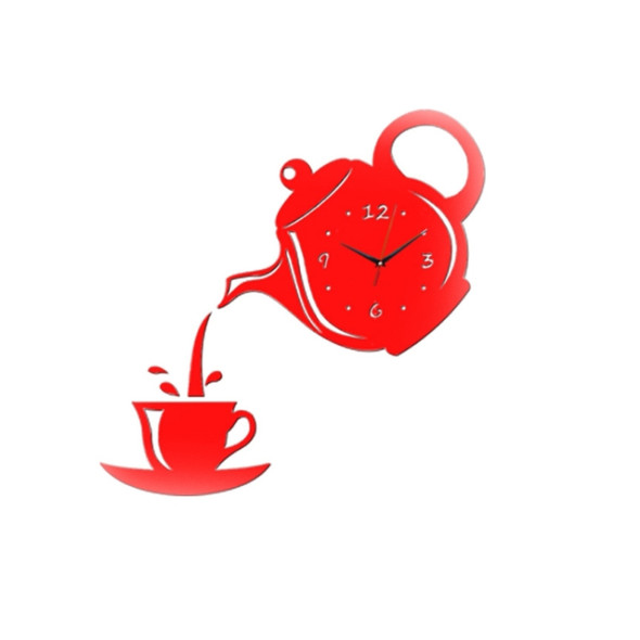 2 PCS Creative DIY Acrylic Coffee Cup Teapot 3D Wall Clock Decorative Kitchen Wall Clocks Living Room Dining Room Home Decor Clock(Red)