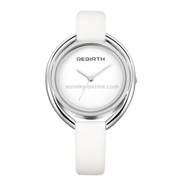 REBIRTH RE028 Women Watch Ultra-simple Double-shell Quartz Waterproof Leather Belt Watch(White + Silver)