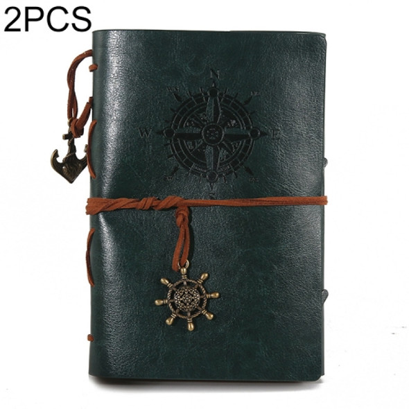 2 PCS Spiral Notebook Diary Notepad Vintage Pirate Anchors PU Leather Stationery Gift Traveler Journal, Paper Size:L(Green)