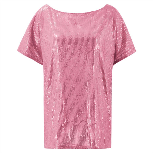 Short-Sleeved Solid Color Sequins Word Shoulder Shirt for Women, Size: S(Pink)