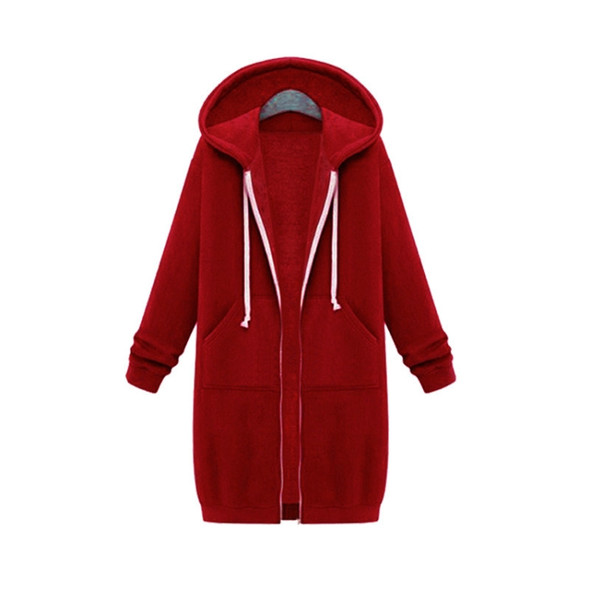 Women Hooded Long Sleeved Sweater In The Long Coat, Size:XXXL(Red)