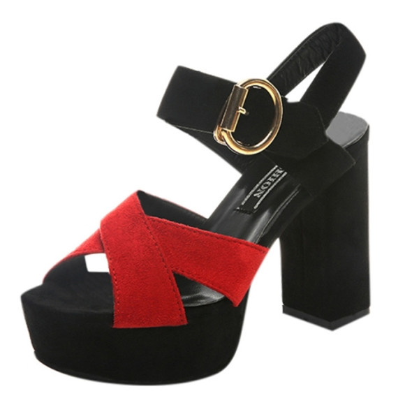 One Word Buckle Fish Mouth Cross Platform High Heels Sandals, Shoe Size:35(Red)