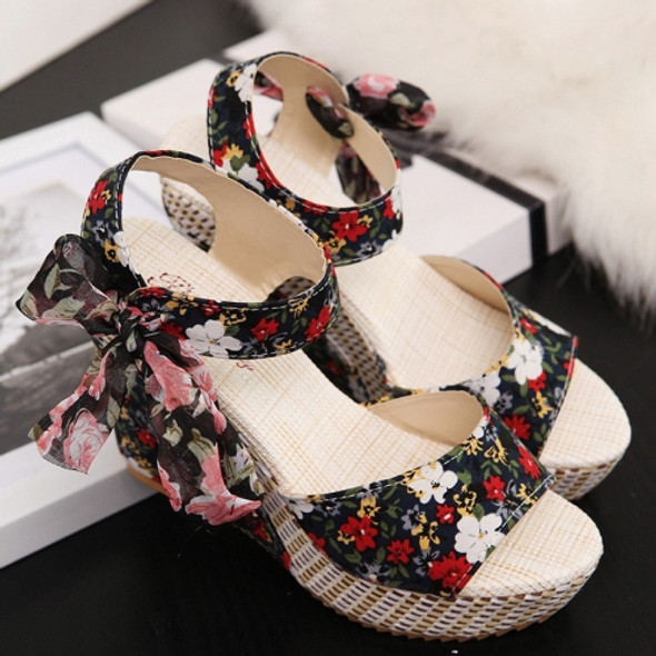 Thick Bottom Wedge Fish Mouth Flower Sandals, Size:35(Black)