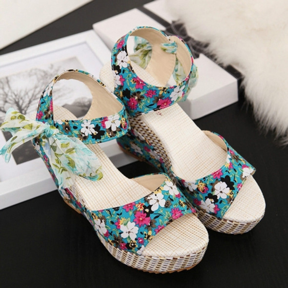 Thick Bottom Wedge Fish Mouth Flower Sandals, Size:38(Blue)