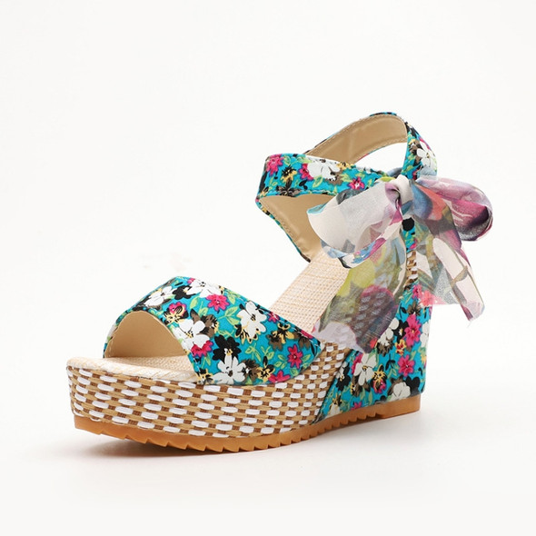 Thick Bottom Wedge Fish Mouth Flower Sandals, Size:38(Blue)