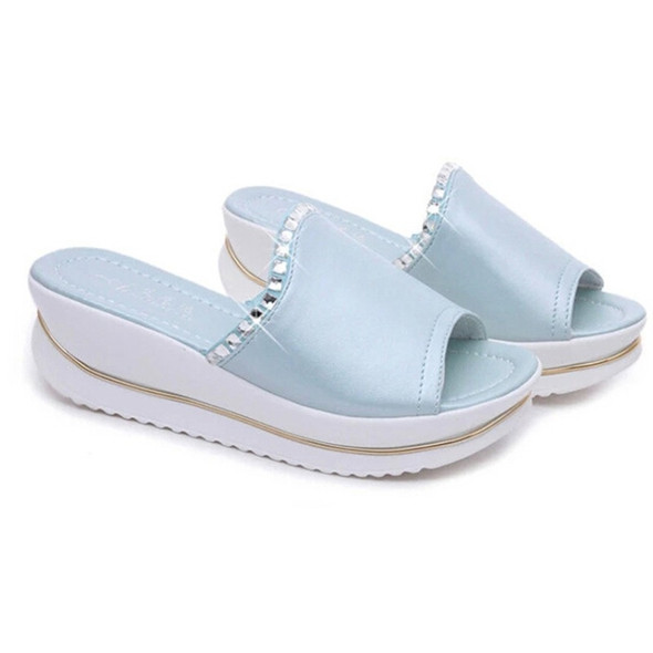 Women PU Leather Sandals Slides Wedges Platform Shoes, Size:39(Blue)