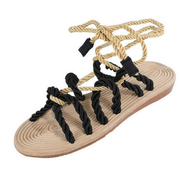 Women Sandals Stagger Hemp Rope Shoes, Size:41(Black)