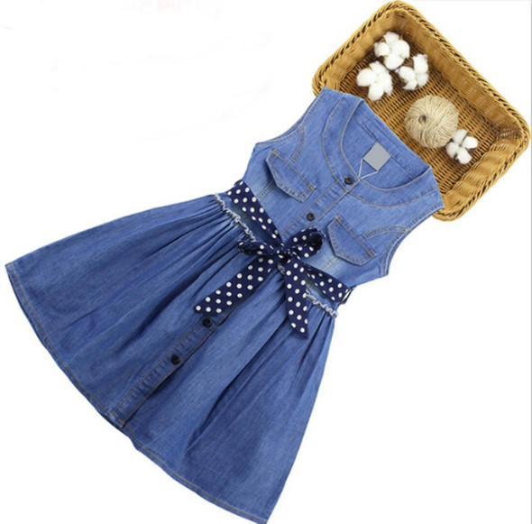 Summer Girl Sleeveless Denim Skirt Dress, Size:140cm(Dark Blue Dot Belt)