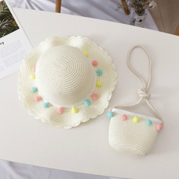 Girls Summer Breathable Straw Braided Floral Shape Border Beach Sun Hat + Small Satchel Set, Size: 50-52cm(Colored ball white)