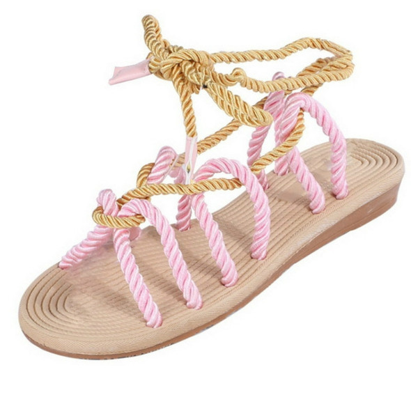 Women Sandals Stagger Hemp Rope Shoes, Size:35(Pink)