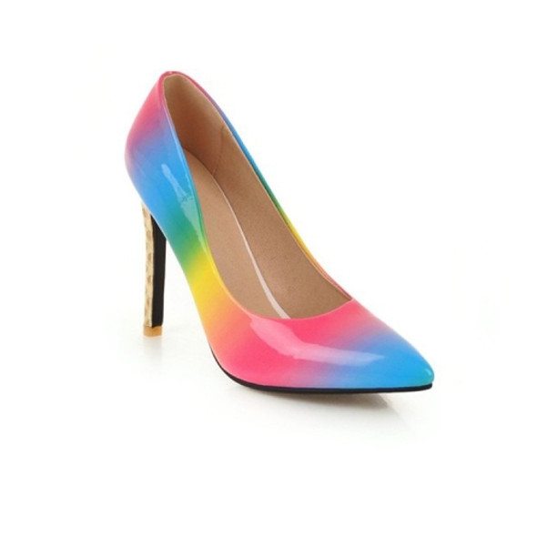 PU Pointed Fine With Rainbow Color Shallow Stiletto Hight Heel, Size:43(Blue)