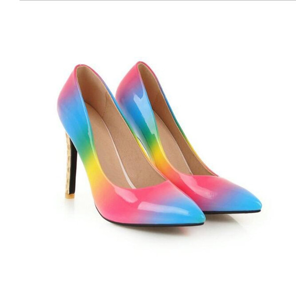 PU Pointed Fine With Rainbow Color Shallow Stiletto Hight Heel, Size:43(Blue)