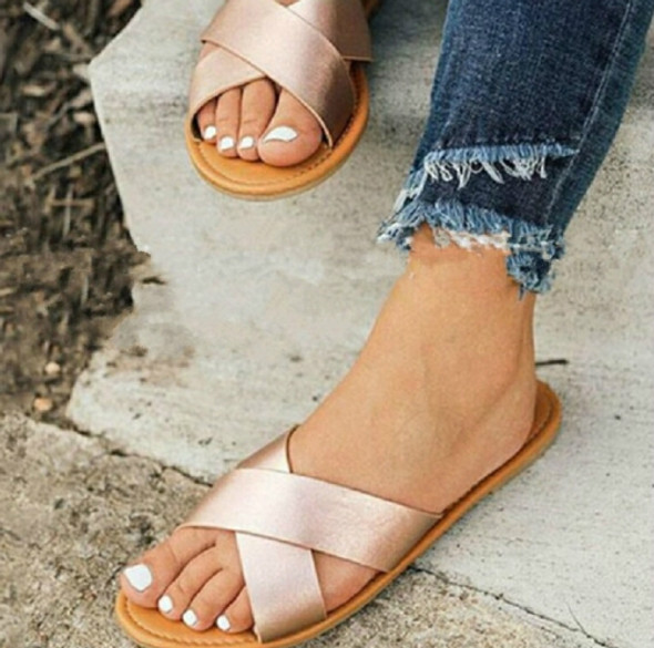 Women Casual Summer Flat Cross Belt Slip On Beach Roman Slippers, Size:43(Rose Gold)