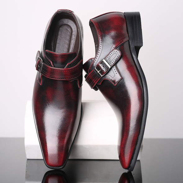 Pointed British Style Men Leather Shoes Buckle Low Heel Shoes, Size:48(Wine Red)