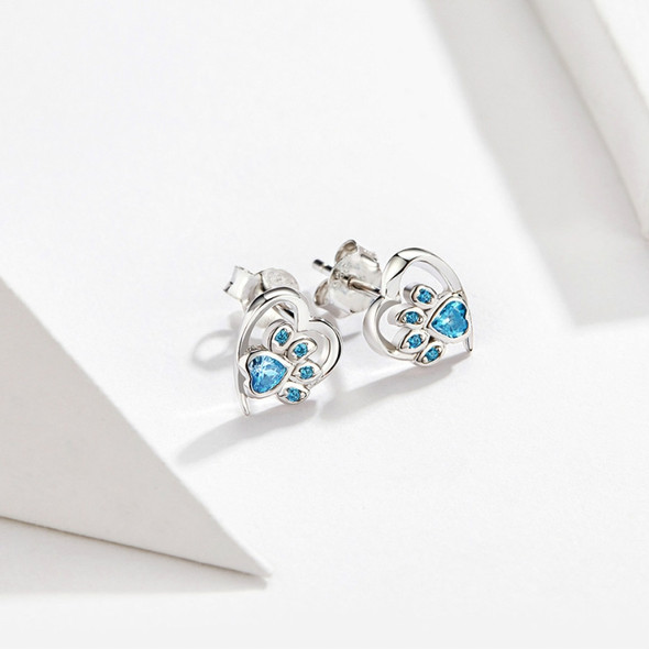 Pet Paw Print Earrings Platinum-plated Love Heart-shaped Girls Earrings, Color:Blue