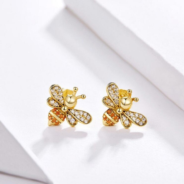 S925 Sterling Silver Earrings Bee Inlaid Female Earrings, Color:Gold
