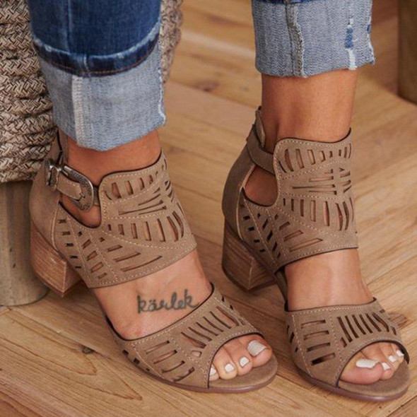 Openwork Carved Thick Bottom Women Sandals, Size:42(Taupe)