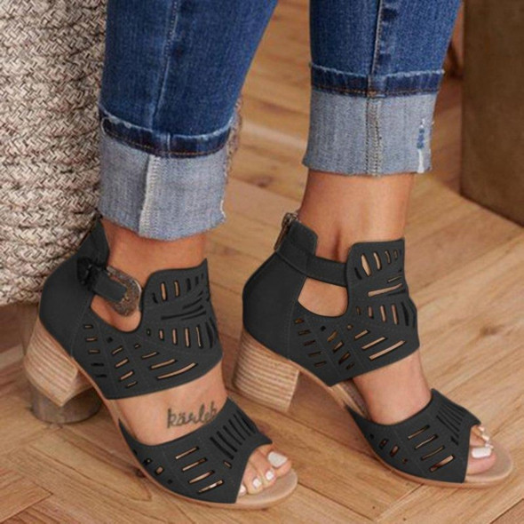 Openwork Carved Thick Bottom Women Sandals, Size:37(Black)