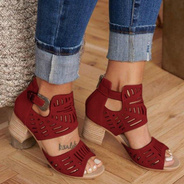 Openwork Carved Thick Bottom Women Sandals, Size:35(Red)