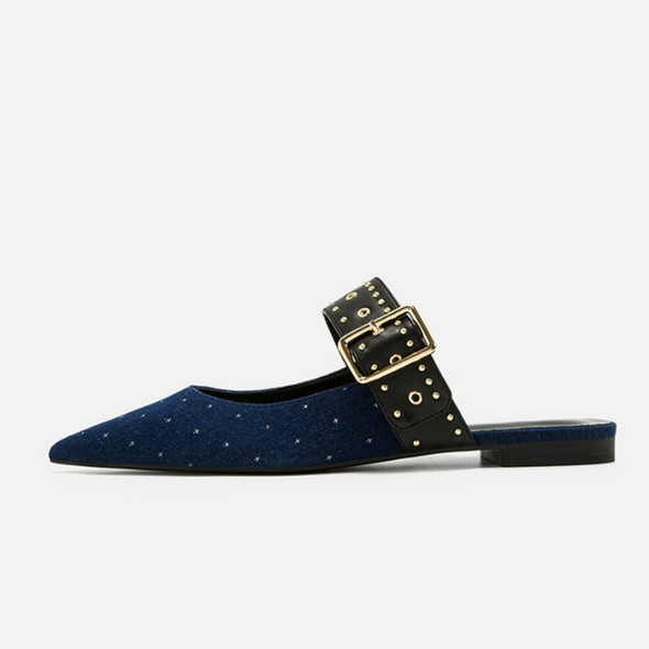 Rivets Mules Pointed Head Toe Flat Bottom Slipper, Size:38(Blue)