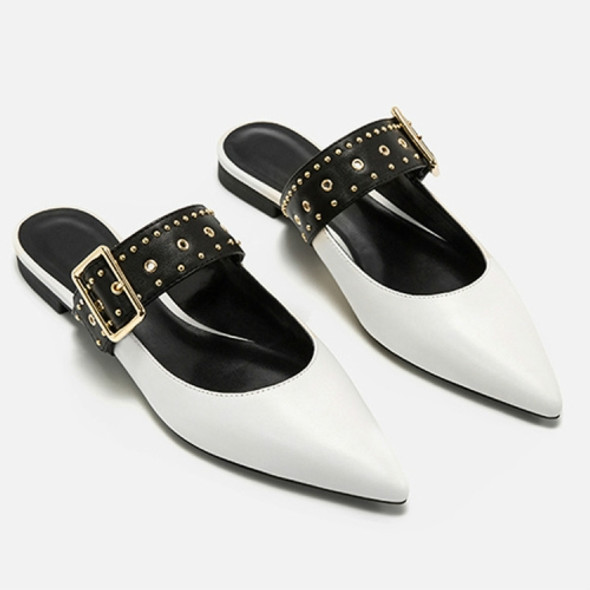 Rivets Mules Pointed Head Toe Flat Bottom Slipper, Size:39(White)