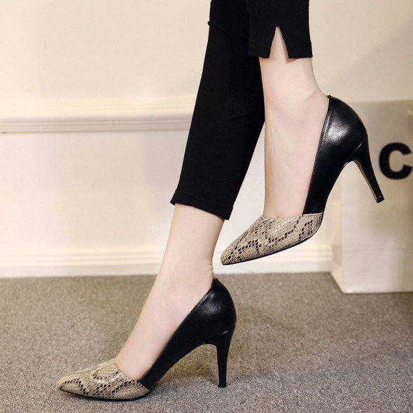 Snake Pattern Pointed Toe Pumps Women Sexy Thin High Heels, Size:34(Black 8cm)