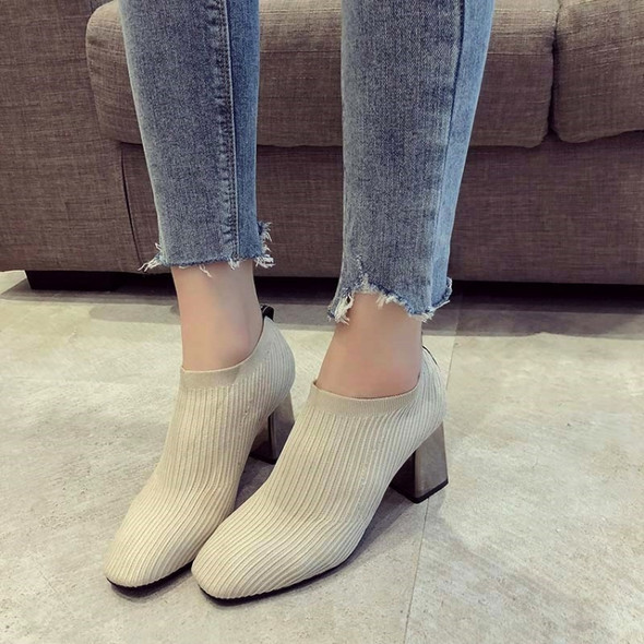 Women Shoes Square Toe Knit Heel Martin Boots, Size:35(Beige)