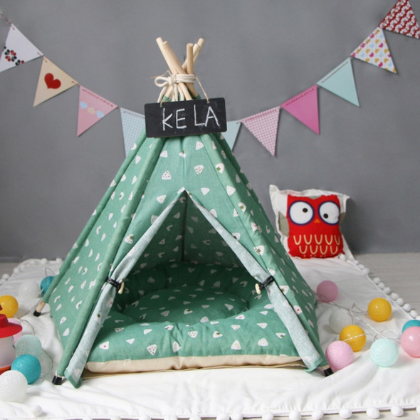 Cotton Canvas Pet Tent Cat and Dog Bed with Cushion, Specification: Large 60×60×70cm(Green Triangle)