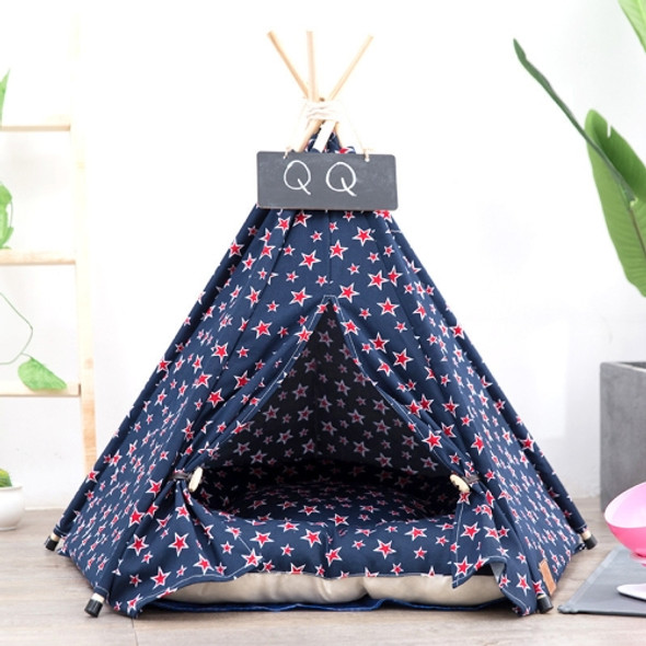 Cotton Canvas Pet Tent Cat and Dog Bed with Cushion, Specification: Large 60×60×70cm(Navy Red Five-pointed Star)