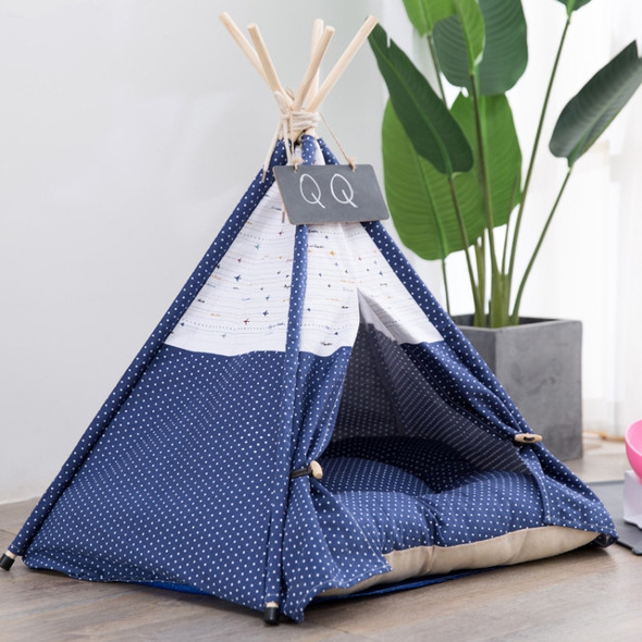 Cotton Canvas Pet Tent Cat and Dog Bed with Cushion, Specification: Medium 50×50×60cm(Navy Blue Dot)