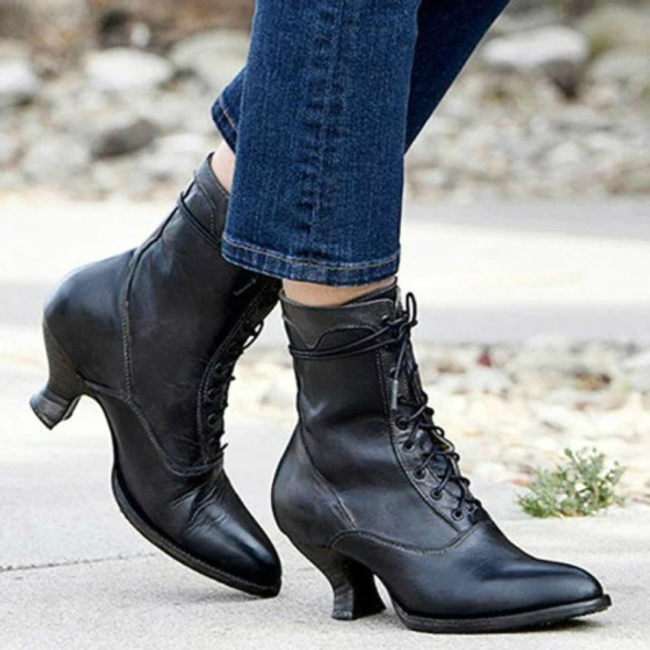 Women High Heels Large Size Lace Boots Fighter Retro PU Leather Round Toe Shoes, Shoe Size:42(Black)