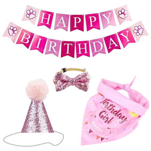 Pet Birthday Party Dog Pull Flag Triangle Scarf Cake Hat Holiday Dress Up Set, Size: One Size(Pink Suit)