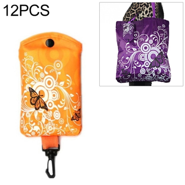 12 PCS Foldable Shopping Bag Butterfly Flower Oxford Fabric Shoulder Bag PortableGrocery Bags Reusable Tote for Ladies(orange)