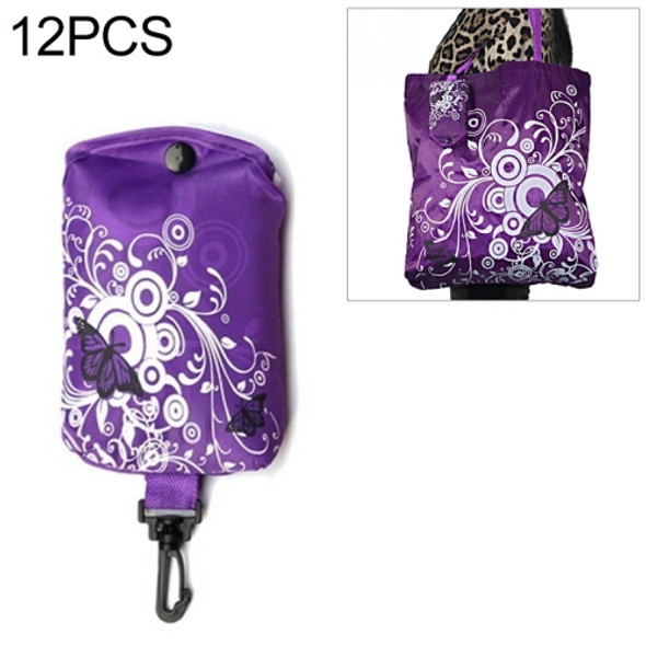 12 PCS Foldable Shopping Bag Butterfly Flower Oxford Fabric Shoulder Bag PortableGrocery Bags Reusable Tote for Ladies(purple)