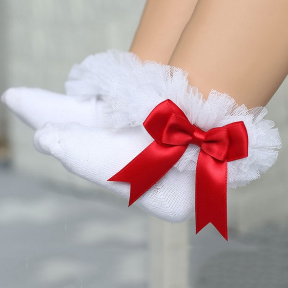 3 Pairs Bow Lace Socks Baby Cotton Ankle Socks, Size:L(White Socks Red Bow)