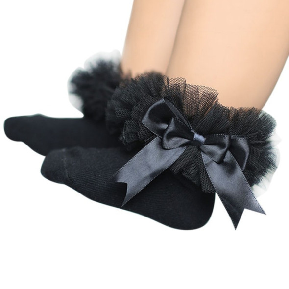 3 Pairs Bow Lace Socks Baby Cotton Ankle Socks, Size:M(Black)