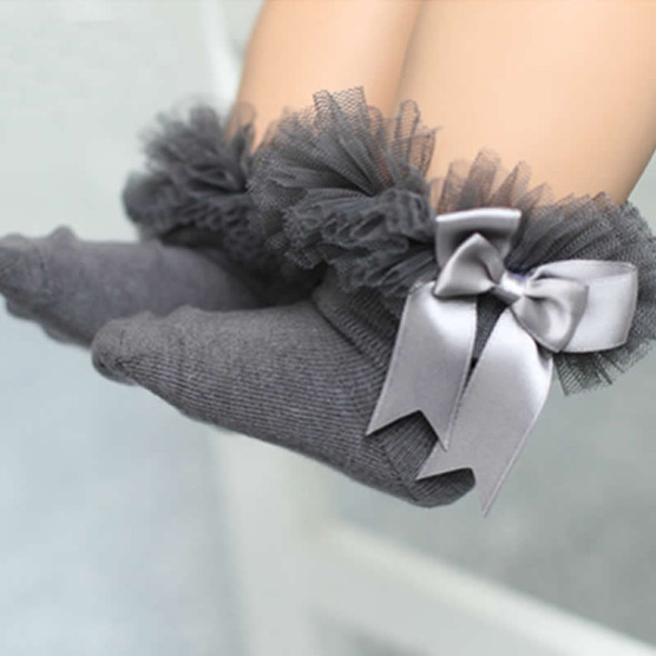 3 Pairs Bow Lace Socks Baby Cotton Ankle Socks, Size:L(Gray)