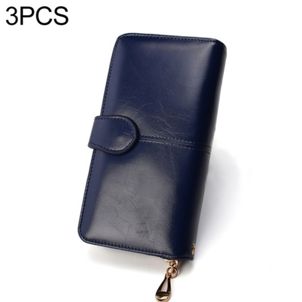 3 PCS  Multifunction Zipper Women Leather Wallet Long Trifold Coin Purse Card Holder Clutch(Deep Blue)