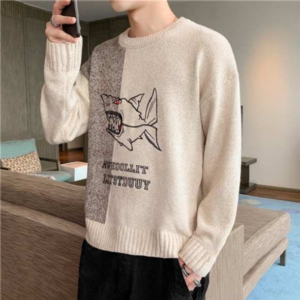 Loose Round Neck Sweater Stitching Contrast Color Knit Shirt, Size: L(Khaki)