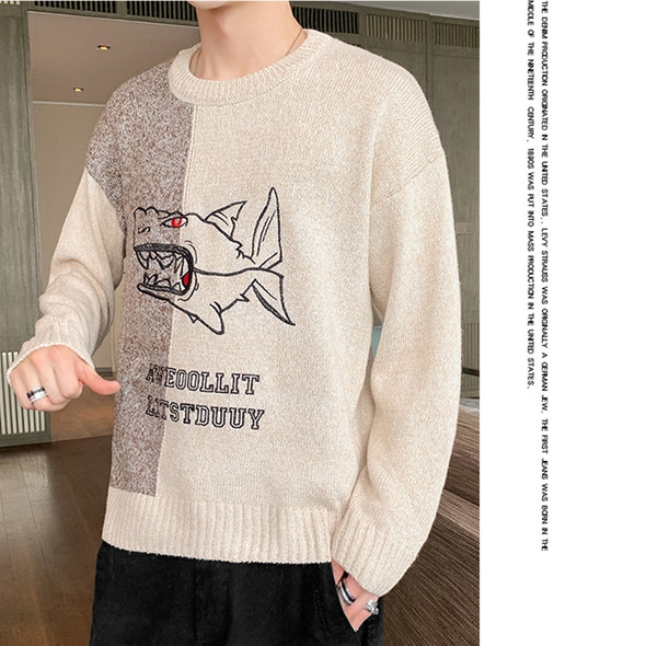 Loose Round Neck Sweater Stitching Contrast Color Knit Shirt, Size: XXXL(Khaki)