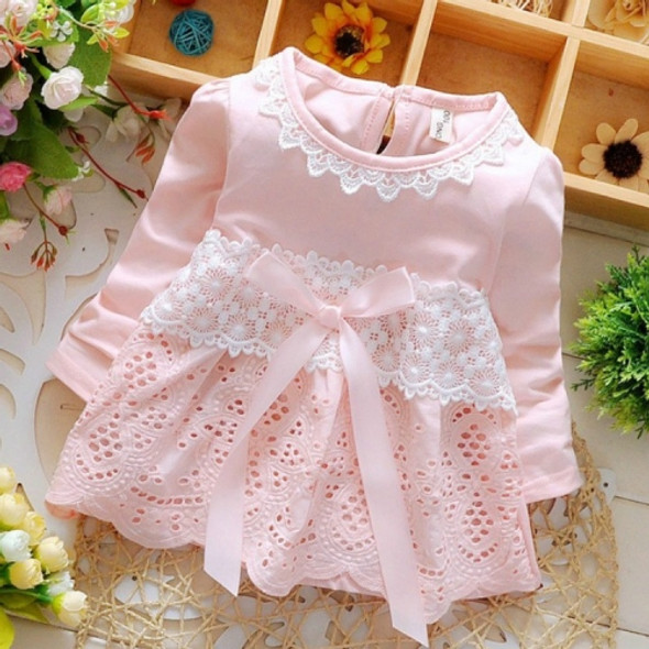Spring and Autumn Sweet Round Neck Lace Long Sleeve Dress Cutout Small Flower Bow Dress, Size:XL(Pink)