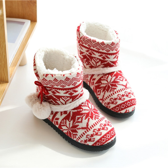 Winter High-Top Cotton Slippers Cotton Slippers With Heel Velvet Thick-Soled Indoor Warm Shoes, Size:37-38(Christmas Red)