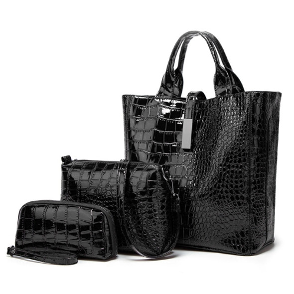 3 in 1 Large-Capacity Crocodile Pattern Patent Leather Diagonal Handbag(Black)