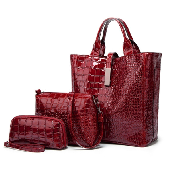 3 in 1 Large-Capacity Crocodile Pattern Patent Leather Diagonal Handbag(Red Wine)